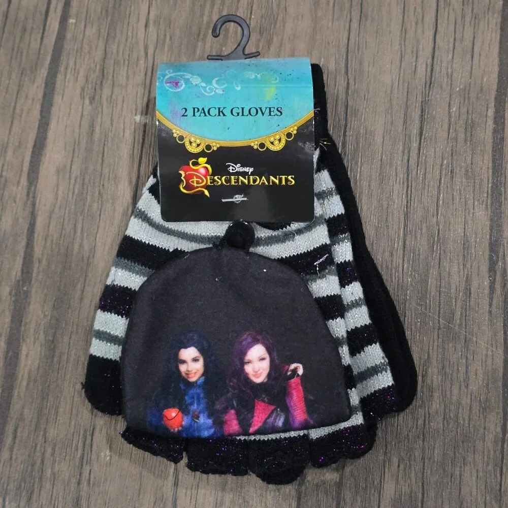 Disney ✦ Descendants Kids Gloves ✦ Black Striped Convertible 2‑Pack NWT Sz OS
